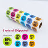 Coloured Discount Stickers 1 Pack (6 rolls)